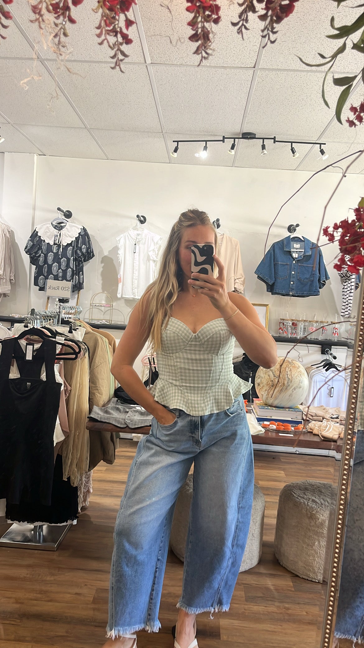Gingham Sage Top